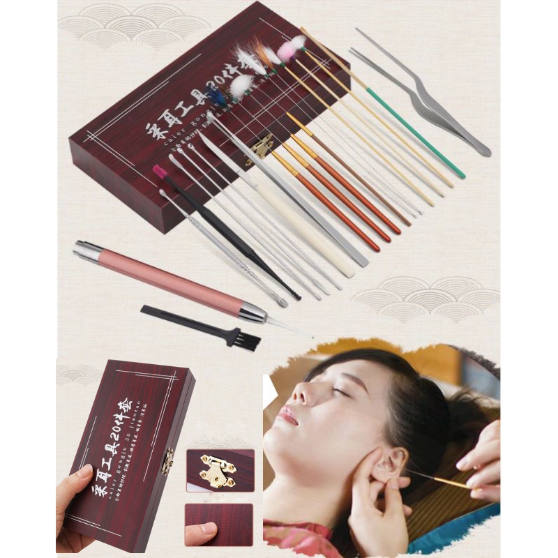 Dụng cụ lấy ráy tai, bộ lấy ráy tai hộp gỗ 20 món tich hợp đèn soi cho cảm giác siêu đỉnh