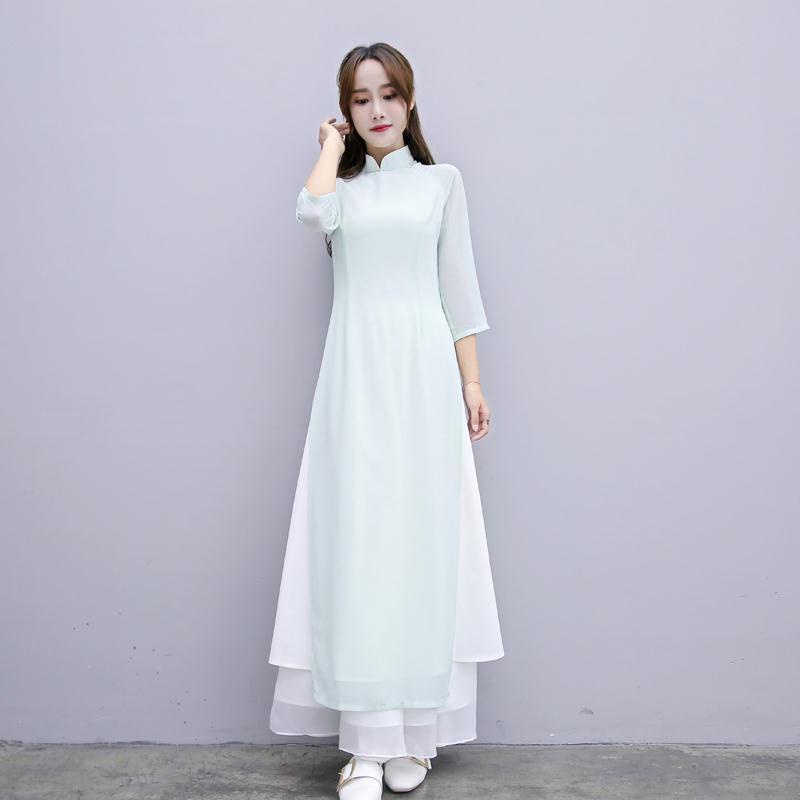 Phong cách Trung Quốc váy phụ nữ retro mỏng giảm béo cải tiến sườn xám Việt Nam Áo dài cổ đứng Trà Zen