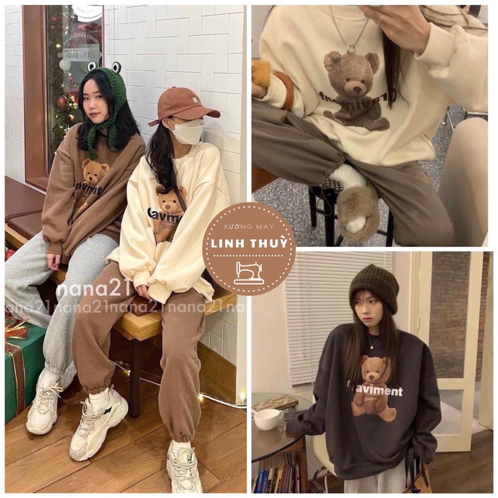 Bộ nỉ nữ gấu 3D form rộng tay bồng - Set đồ ngủ áo sweater kèm quần ống bo gấu mặc ở nhà cá tính ulzzang
