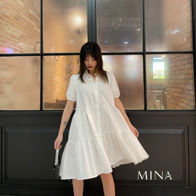 Váy babydoll dáng dài, tay phồng, cổ sơ mi vải thô mịn mát/ Đầm bầu babydoll trắng, hồng, nâu Hàn Quốc (sẵn/ ảnh thật) | BigBuy360 - bigbuy360.vn