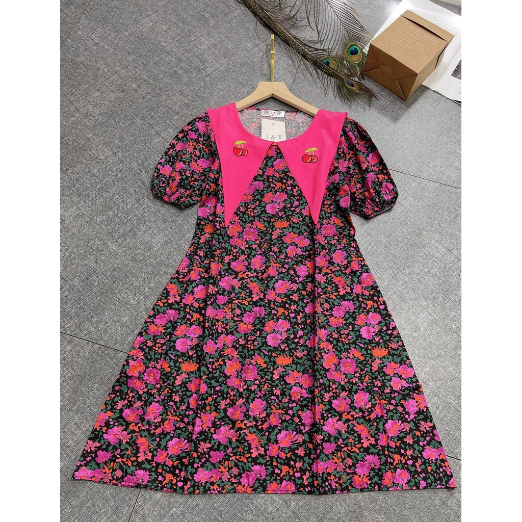 Váy hoa tay bồng cổ vạt hồng siêu hot | BigBuy360 - bigbuy360.vn