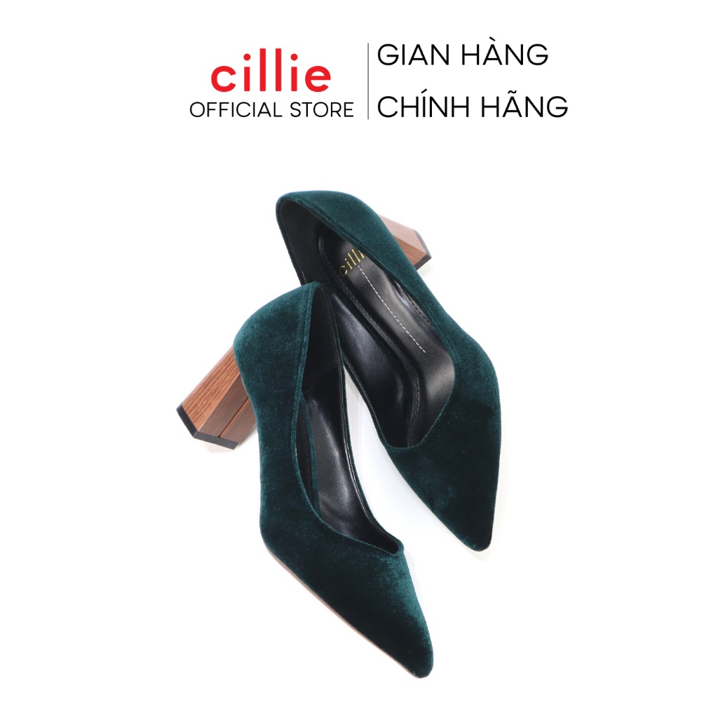 Giày cao gót nữ mũi nhọn thanh lịch phối nhung sang trọng gót trụ vân gỗ cao 7cm Cillie 1109