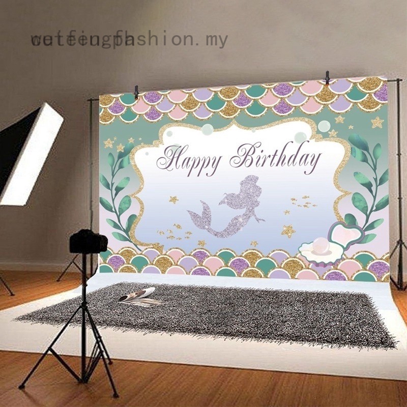 Phông nền hình nàng tiên cá và chữ Happy Birthday 5X3Ft dùng làm đạo cụ chụp ảnh cho bé 90x150Cm