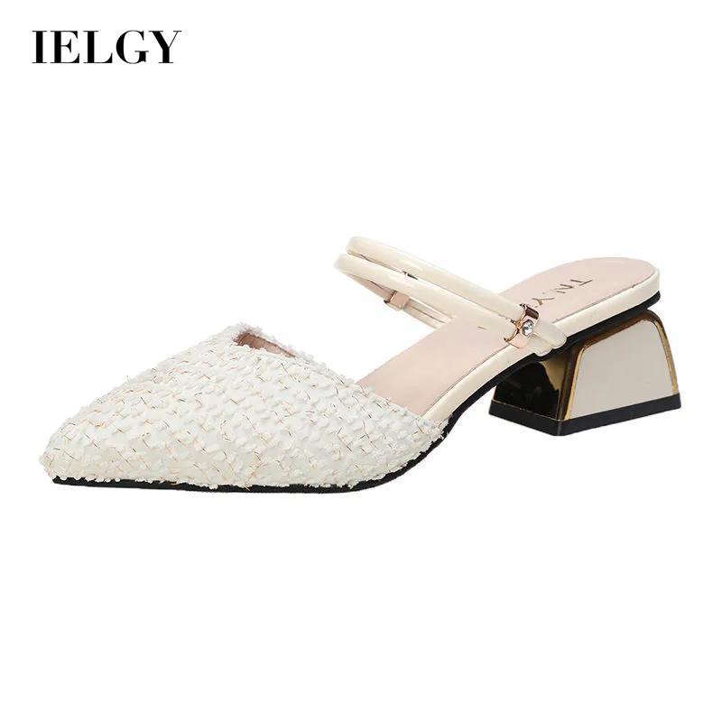 Giày sandal IELGY mũi nhọn đế thô màu xanh lá cây hai kiểu mang dễ phối đồ dành cho nữ