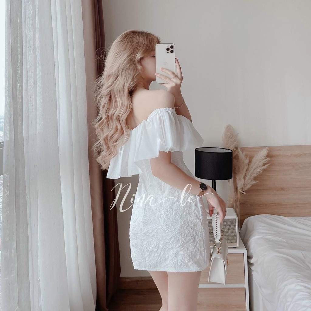 Đầm váy nữ trắng trễ vai xốp phối voan tơ ( đầm có lót , có mút ) tôn dáng trẻ trung sang trọng thanh lịch siêu xinh