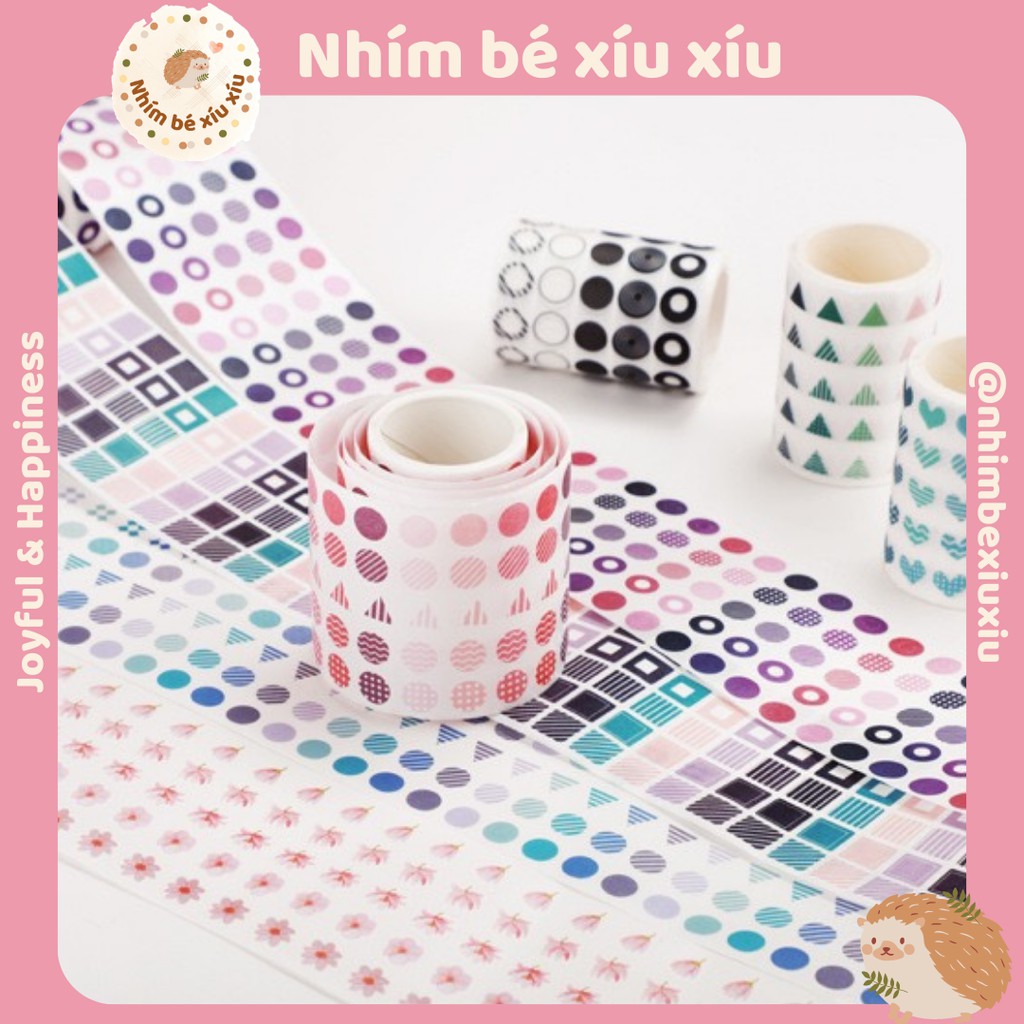 Cuộn sticker chấm tròn/hình khối/hoa/trái tim/thiên hà/bầu trời 12mm VT87
