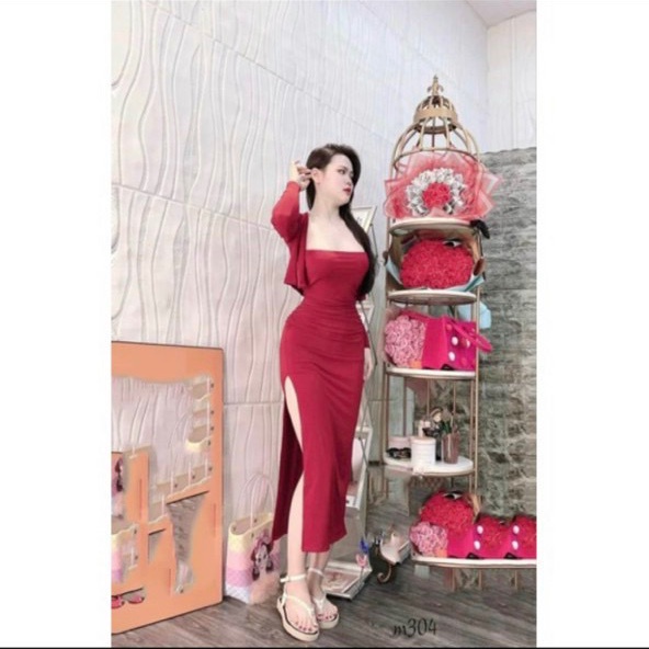 Set đầm body nữ 2 món đầm ống dáng dài xẽ tà kèm áo khoác tay dài chất thun gân hot 72