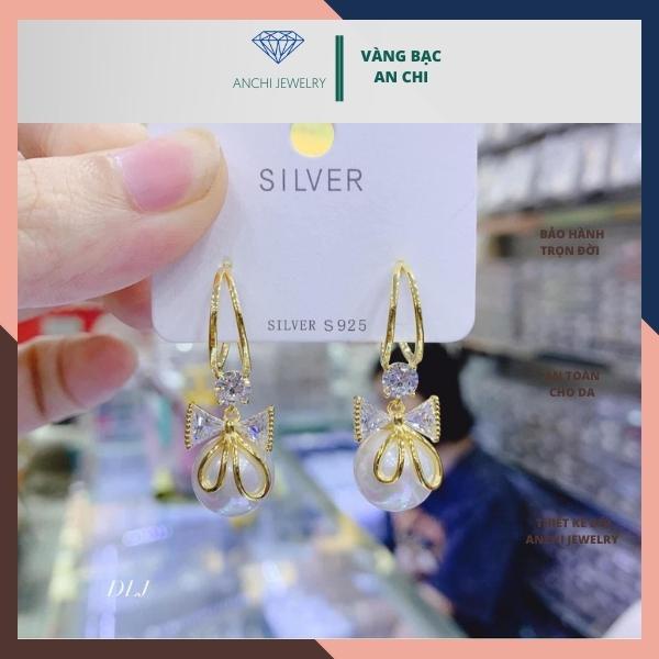 Bông tai nơ đính ngọc trai nhân tạo, chuẩn bạc ý 925 - Anchi jewelry