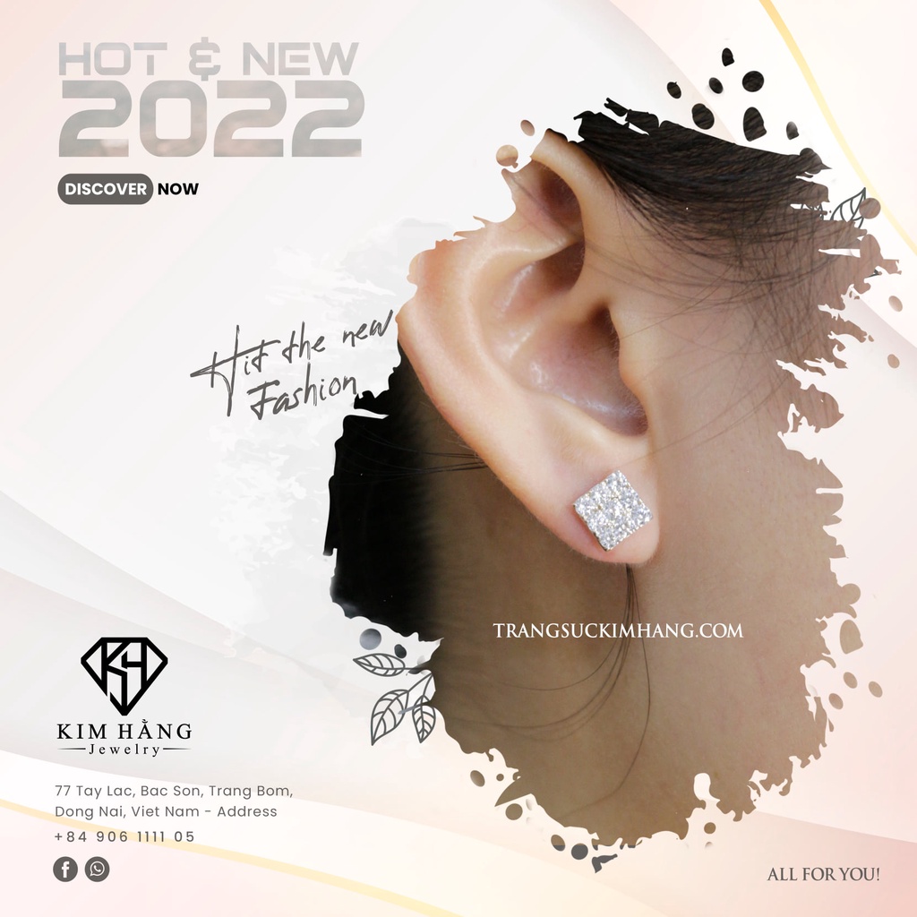 Khuyên Tai Bạc Thiết Kế Vuông Full Đá Tấm  KHJER026- Chốt Đẩy