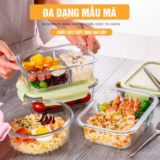 Tặng Kèm Túi + Đũa Thìa] Hộp cơm thủy tinh, Hộp Cơm Văn Phòng 3 ngăn chịu nhiệt cao, để lò vi sóng, đựng thực phẩm..