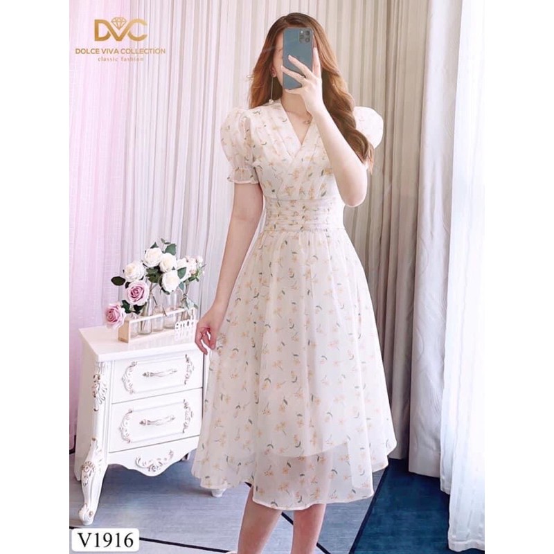 V1916 - váy chính hãng DVC - váy trắng hoa nhí