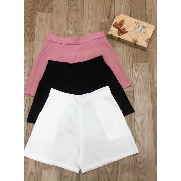 Quần sooc nữ lưng cao vải tuyết mưa dày dặn,  mẫu mới ống rộng  phom chuẩn, có khóa kéo phía sau