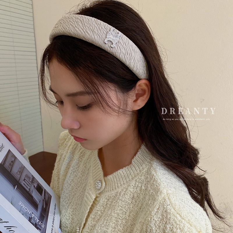 Băng Đô Cài Tóc Bản Rộng Xếp Ly Đính Kim Cương Giả Cao Cấp Phong Cách Retro Pháp Hợp Thời Trang