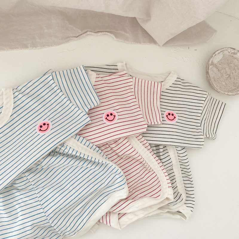 Bộ đồ cotton tay ngắn họa tiết sọc kẻ phối hình mặt cười xinh xắn cho bé sơ sinh phong cách Hàn Quốc