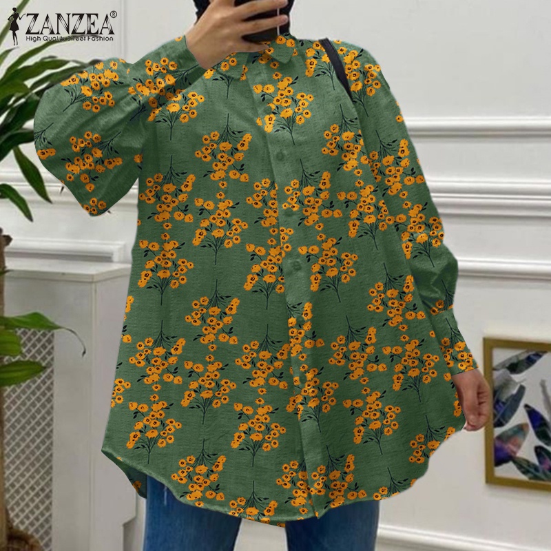 Áo sơ mi ZANZEA tay dài dáng rộng in họa tiết hoa lá thời trang Châu Âu cho nữ