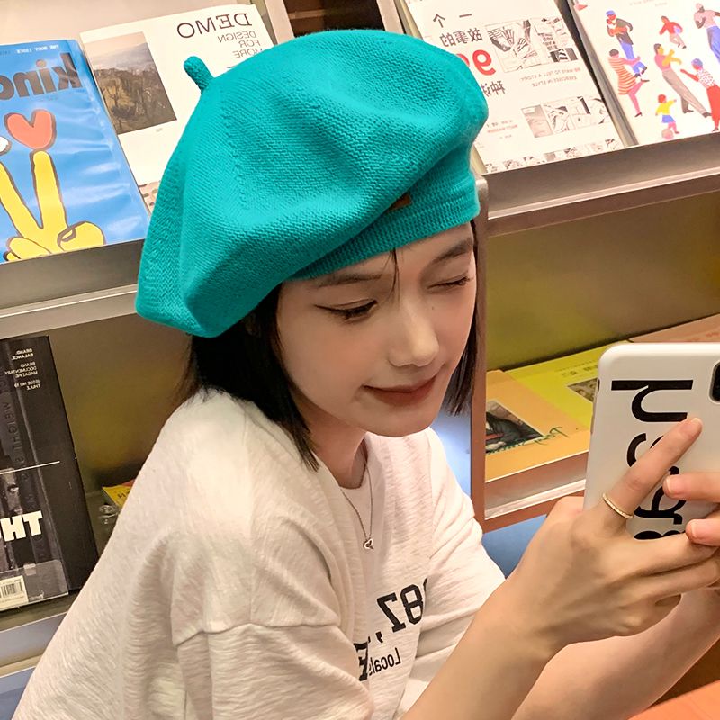Mũ Beret Dệt Kim Màu Xanh Lam Hồ Dệt Kim ins Influencer Showing Face Phong Cách Họa Sĩ Nhật Bản Cho Nữ