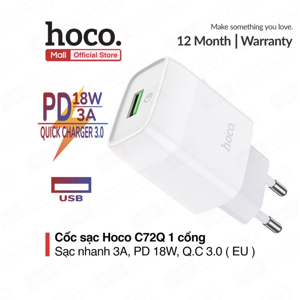 Củ sạc nhanh Hoco C72Q 1 cổng USB sạc nhanh 3A, PD 18W, hỗ trợ sạc cho với nhiều thiết bị điện thoại, table... ( EU )