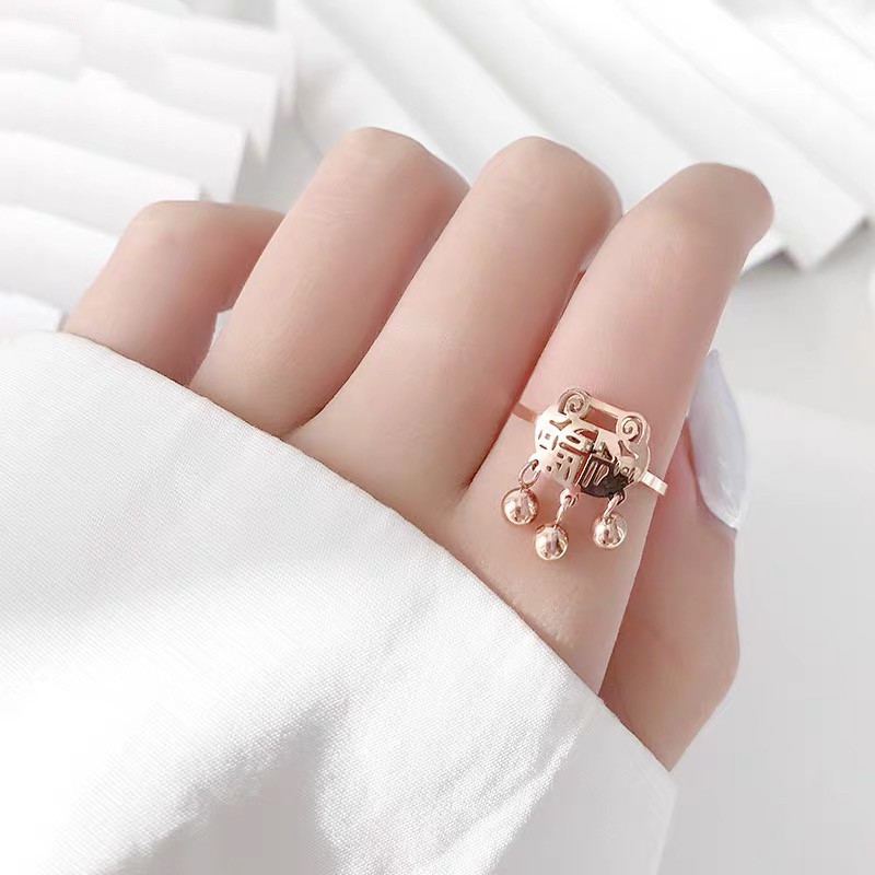 Nhẫn thép titan mạ vàng hồng 18k không phai màu chống gỉ/dị ứng kháng nước mặt khóa trường mệnh rỗng với hạt tròn