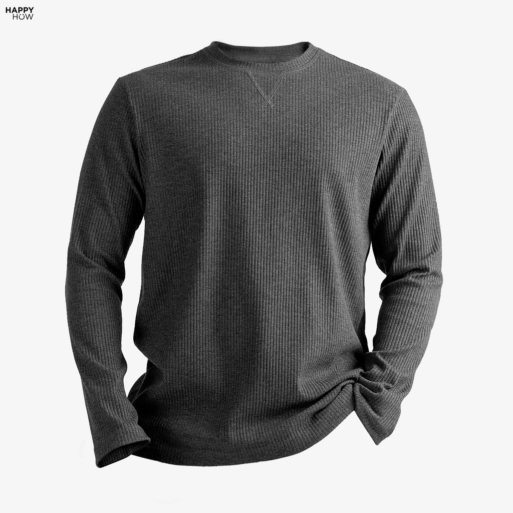 Áo thun nam dài tay cổ tròn LONGEE giữ nhiệt vải cotton sọc gân co dãn , dày dặn - HAPPYHOW