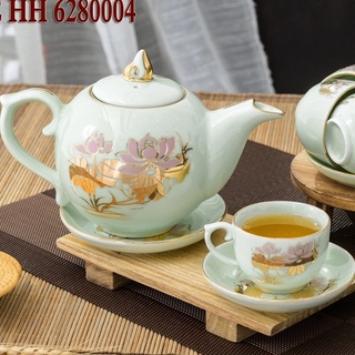 Ấm chén men ngọc vàng kim 18k hoa sen, gốm sứ Bát Tràng