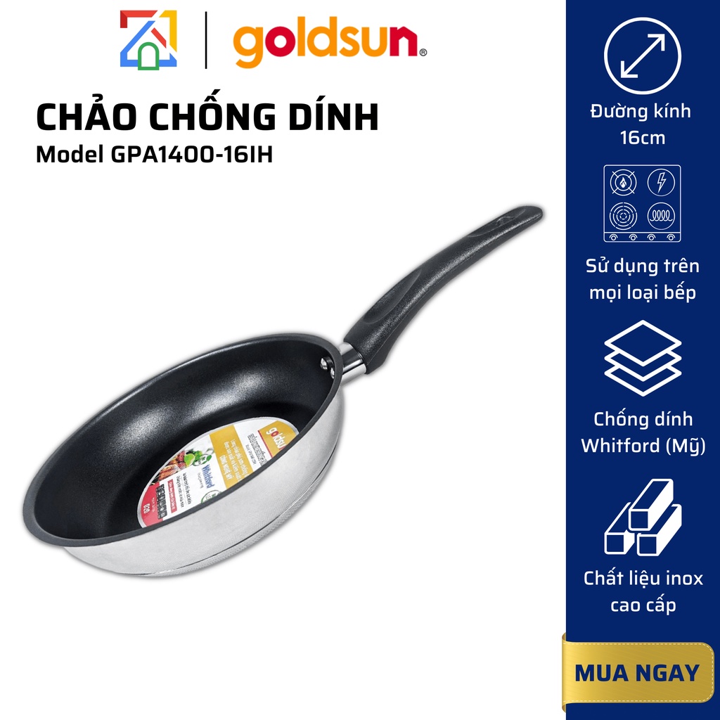 Chảo chống dính đáy từ Goldsun GPA1400-16IH, Đường kính 16cm, Chất liệu Inox, Dùng mọi loại bếp