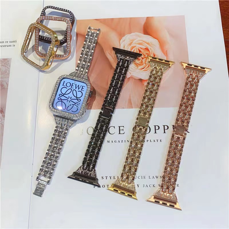 Dây Đeo Bằng Thép Không Gỉ Đính Kim Cương Giả Cho Đồng Hồ Thông Minh Apple watch Series 7 6 SE 5 4 3 2 38/40MM 44/45MM