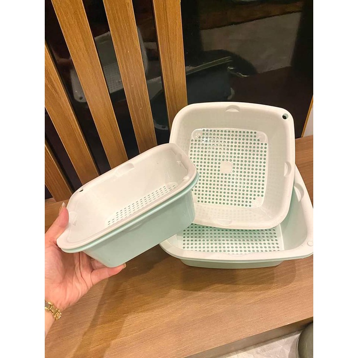 Bộ rổ kèm chậu nhựa vuông 6 món, Set 3 rổ 3 thau đựng thực phẩm tiện lợi Ecoco