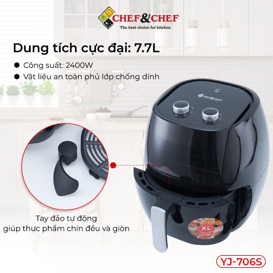 Nồi chiên không dầu CHEF&CHEF 7.7L ( YJ – 706S) nồi hoạt động êm ái, có tay đảo giúp bạn thoải mái mỗi khi sử dụng