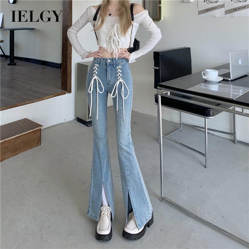 IELGY Quần Jean Ống Loe Lưng Cao Ôm Dáng Xẻ Tà Thời Trang Cho Nữ