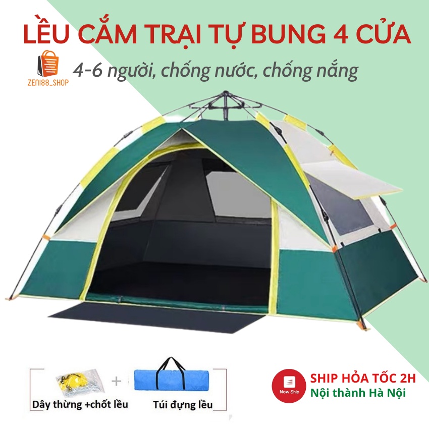 Lều cắm trại dã ngoại tự bung LOẠI DÀY 2 lớp, liều cắm trại chứa 4-5 người, chống nắng, chống mưa, 2 cửa thông thoáng