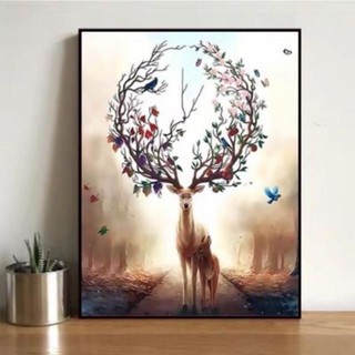 Tranh số hóa tự tô màu theo số Gam Tranh hươu nai tuần lộc - Hươu sừng hoa cầu may mắn phát tài