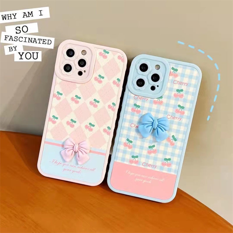 Ốp Điện Thoại Họa Tiết Cherry 3D Đính Nơ Xinh Xắn Cho IPhone 12 13 11 Pro Max X Xs Max Xr Asw1