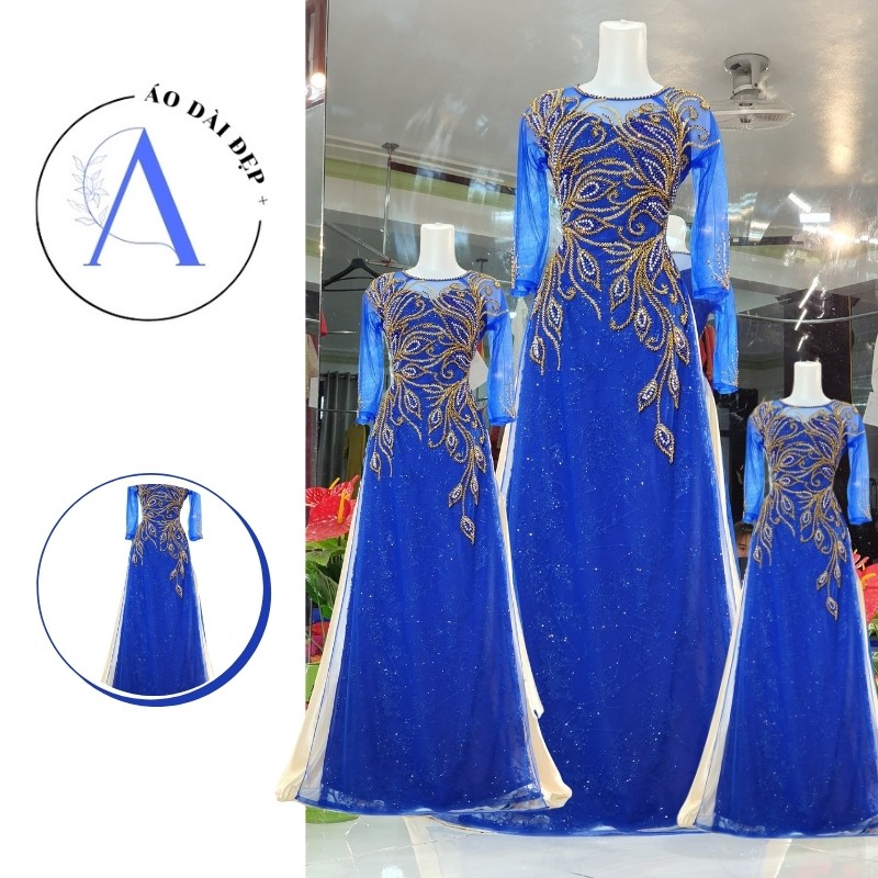 Áo Dài Mẹ - Áo Dài Cô Dâu Màu Xanh Coba  Nổi Bật ADC06