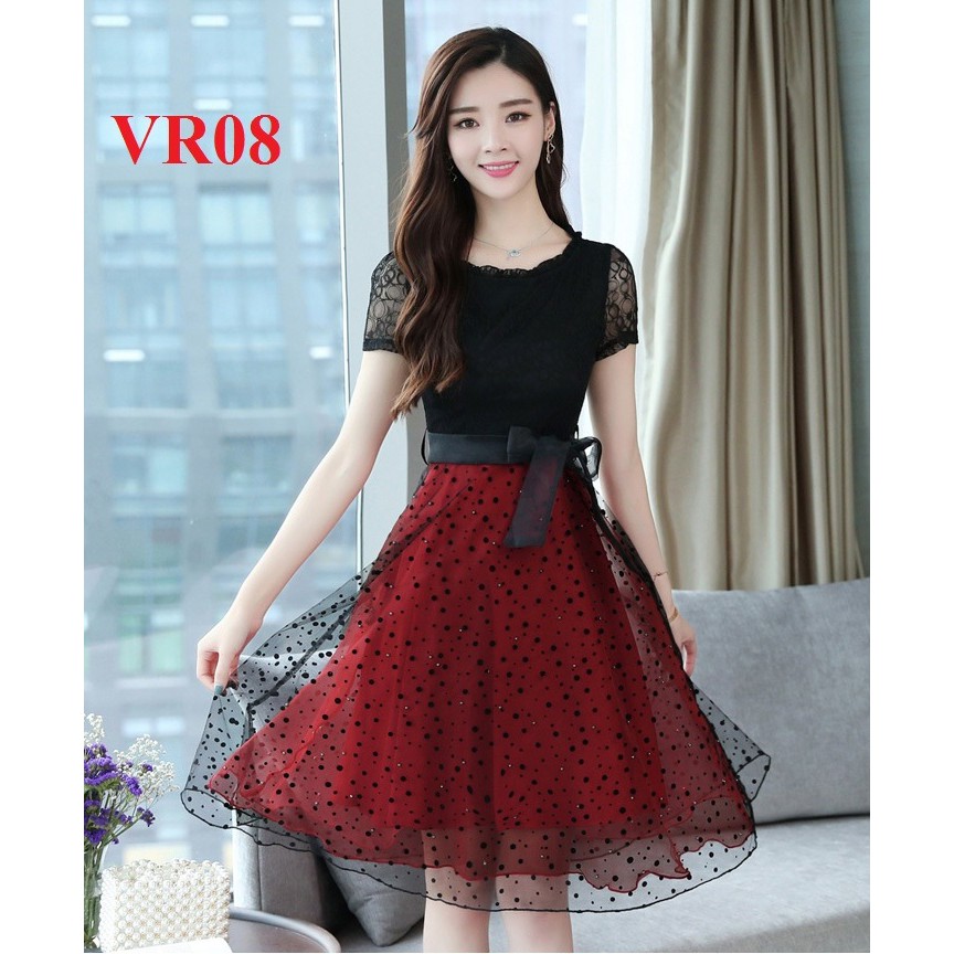 Đầm ren xòe chấm bi, đính kim sa và thiết kế sang trọng chất ren mềm mịn VRO8_ ANI FASHION-KHO BUÔN CHUYÊN SỈ LẺ