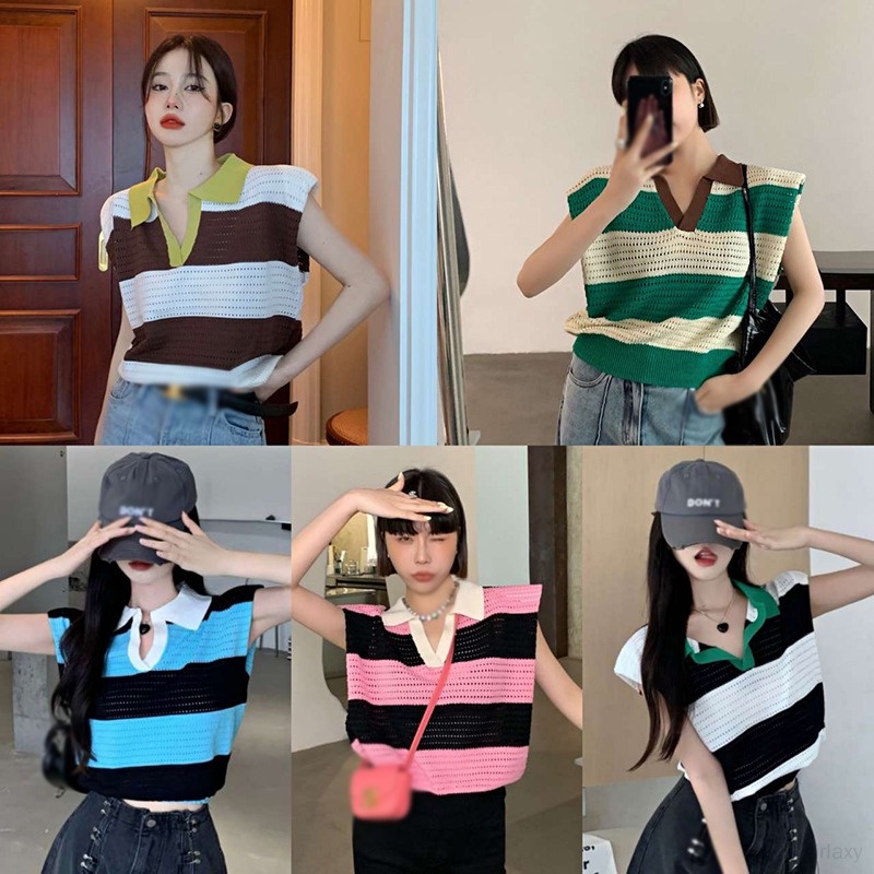 Áo Thun Dệt Kim Sát Nách Dáng Rộng Kẻ Sọc Thời Trang Mùa Hè Hàn Quốc Cho Nữ