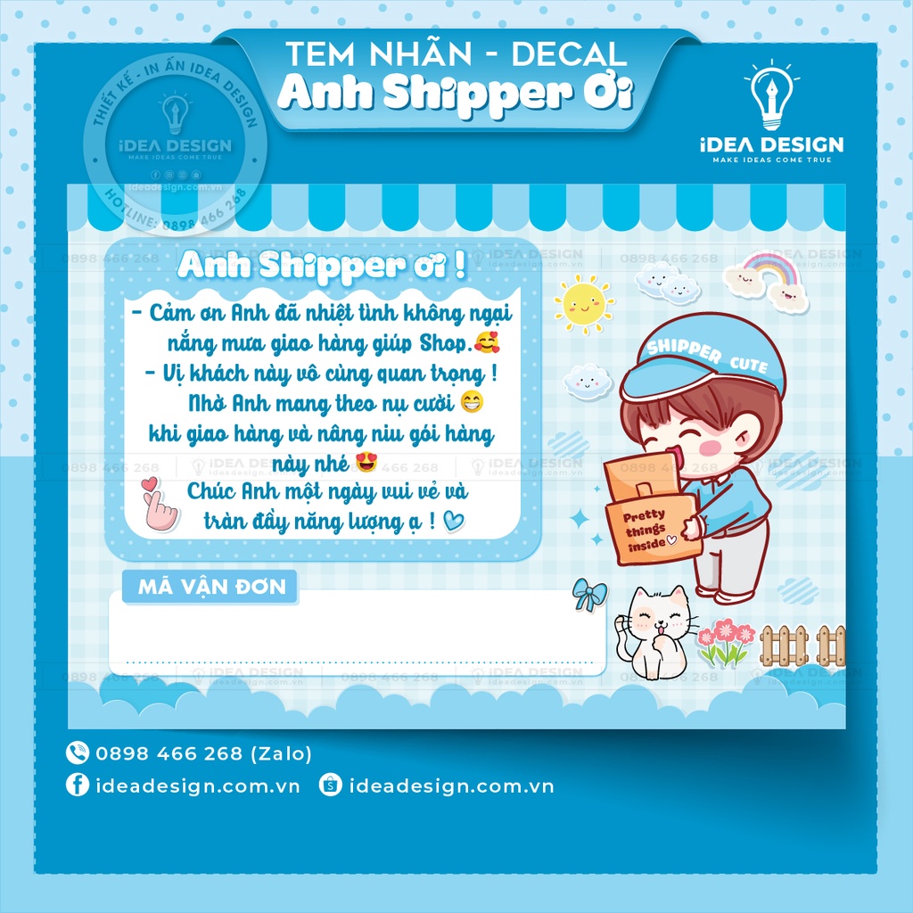 Decal Dán, Tem Nhãn Dán Cám Ơn Anh Shipper Có Ô Ghi Vận Đơn Và Keo Dính - Size 10x7cm Cán Màn Bóng Chống Nước Xanh Dương