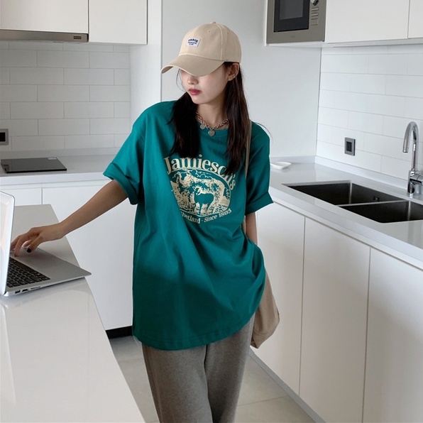 Áo thun cổ tròn tay ngắn dáng rộng in họa tiết phong cách Hàn Quốc cổ điển thời trang dành cho nữ với 5 màu tùy chọn