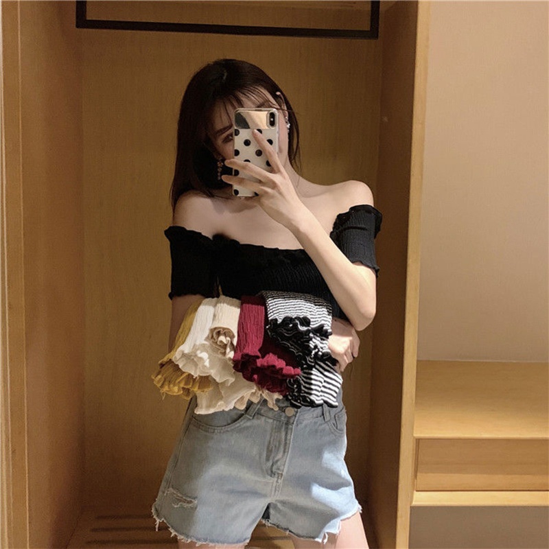 Áo Croptop Trễ Vai Tay Ngắn Phối Bèo Họa Tiết Kẻ Sọc Màu Sắc Thời Trang Mùa Hè Xinh Xắn Cho Nữ
