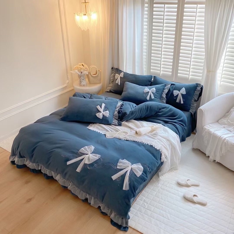 TRỌN BỘ CHĂN GA GỐI NỈ NHUNG ĐÍNH NƠ ĐIỆU ĐÀ CAO CẤP