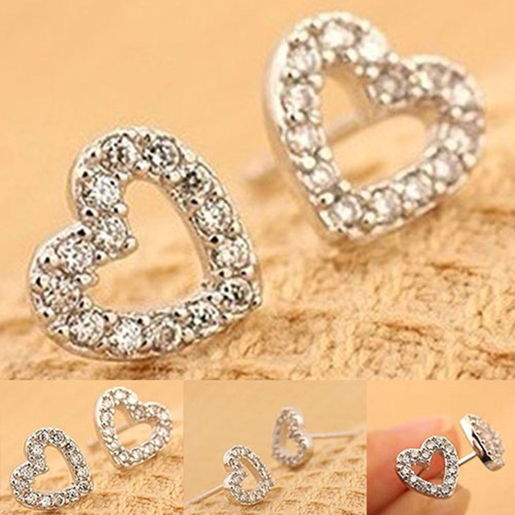 Bông tai mạ bạc hình tim đính đá thời trang