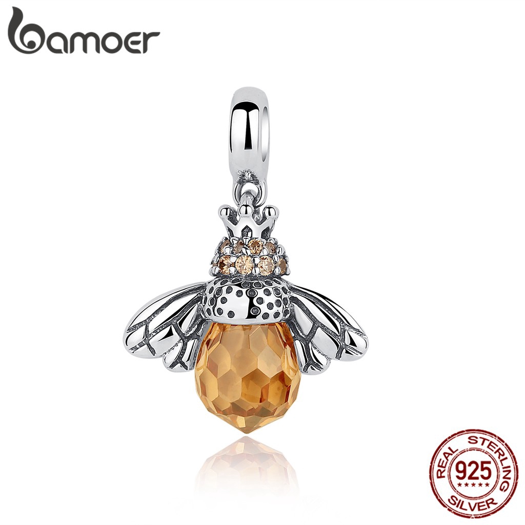 Hạt charm Bamoer bạc 925 hình con ong đính đá topaz thanh lịch cho trang trí vòng tay/vòng cổ