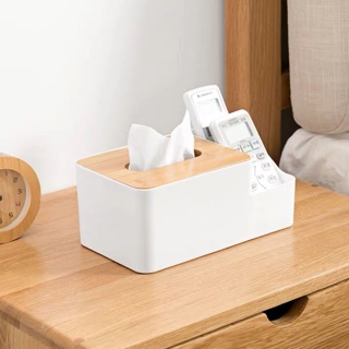 (Order) Hộp đựng giấy ăn đa năng màu trắng nắp gỗ tre