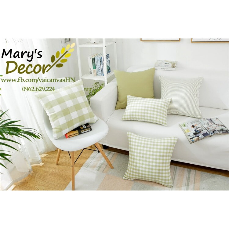 Gối tựa sofa Mary Décor - họa tiết Caro lá mạ trắng nhỏ