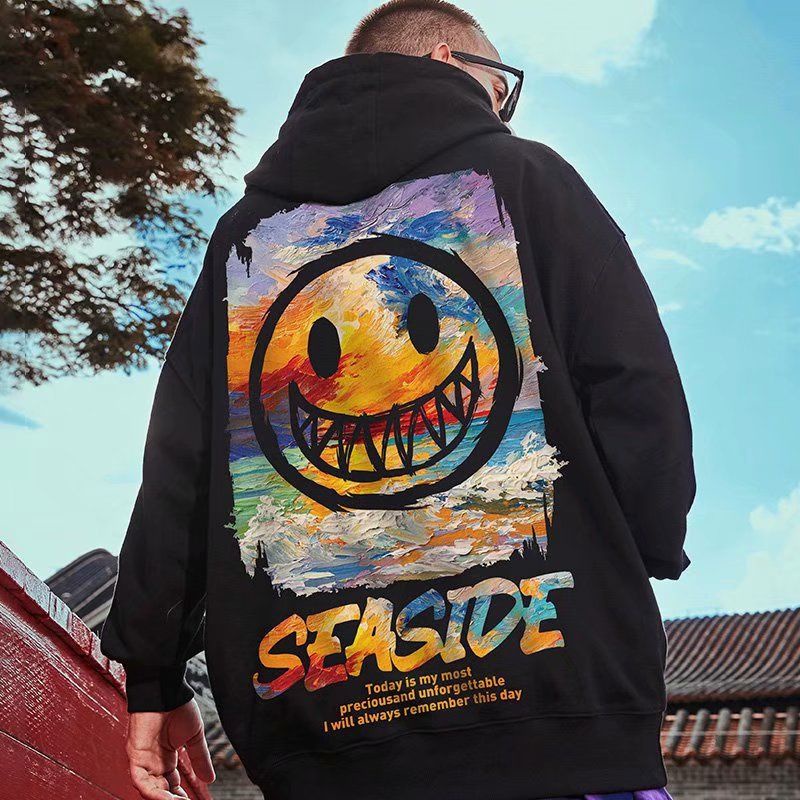 Áo khoác hoodie dáng rộng in hình mặt cười nhỏ nhắn thời trang cá tính cho nam