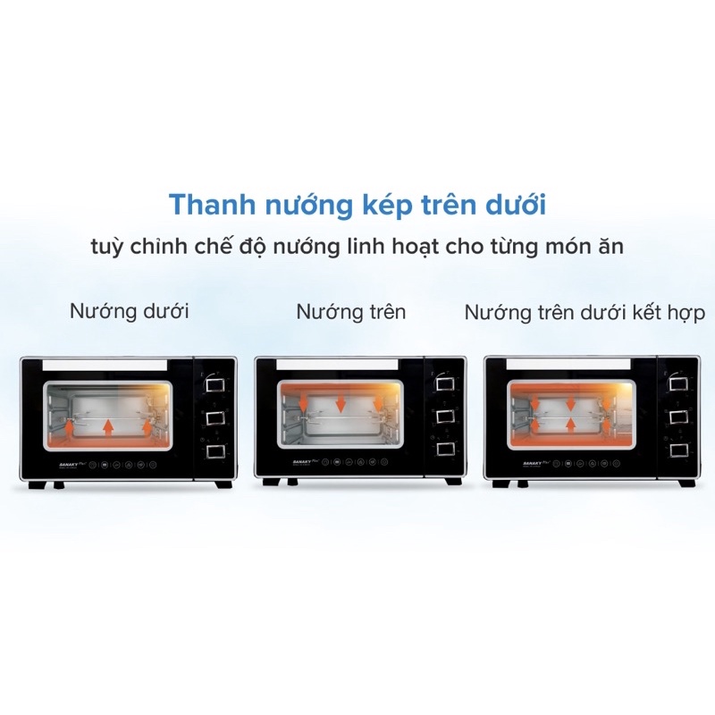 Lò nướng Sanaky VH3599S2D  mới % Lò nướng thùng Dung tích: 35 lít Công suất, Nhiệt độ: 1600 W 100 - 230ºC
