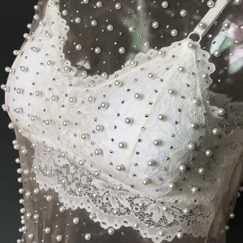 Xiangbao Áo Crop Top Lưới Tay Dài Đính Ngọc Trai Giả Cho Nữ Blous