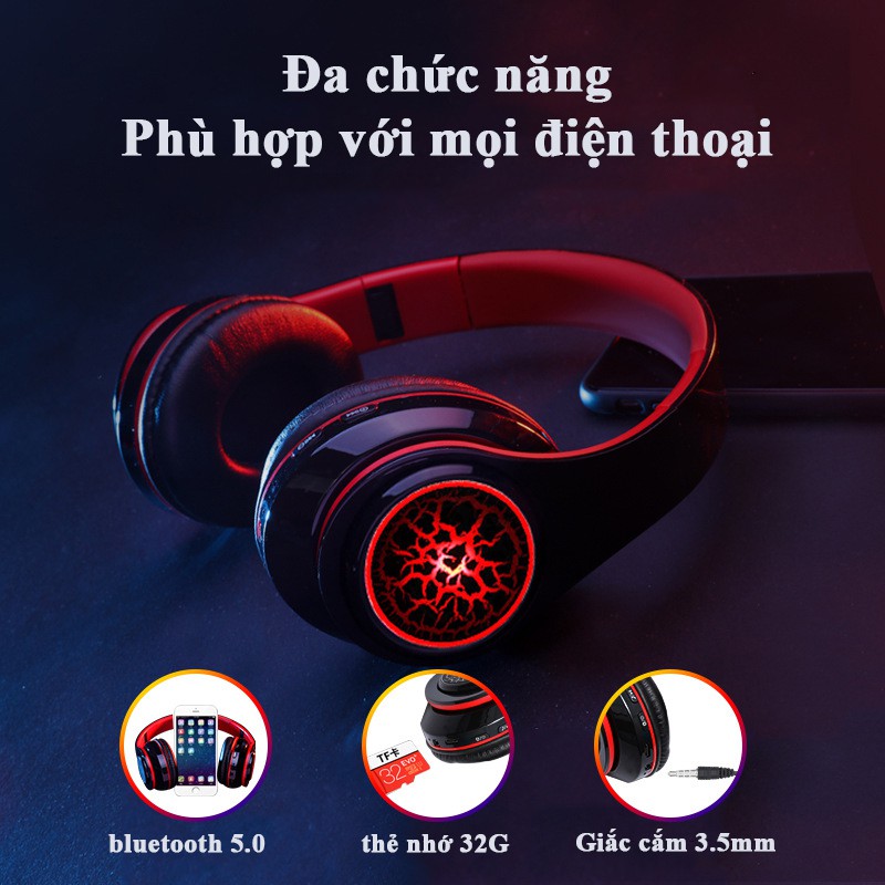 Tai Nghe Chụp Tai Bluetooth Cao Cấp, Headphone Thế Hệ Mới Có Mic Đàm Thoại, Đèn Led Siêu Đẹp, Hỗ Trợ Thẻ Nhớ