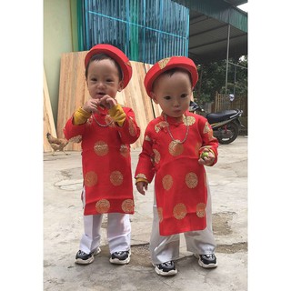 Áo dài Trẻ em Gấm Thái tuấn ĐỎ XU bé TRAI (Áo, Quần, Mấn)