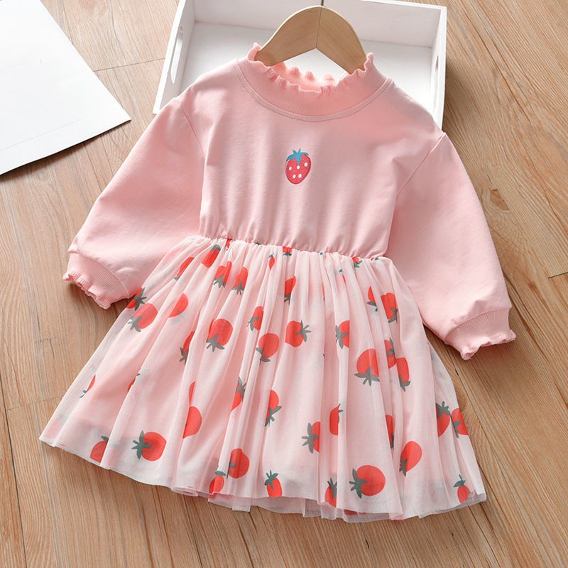 Váy hồng họa tiết quả dâu phối lưới cho bé gái mặc xuân hè (N00653)