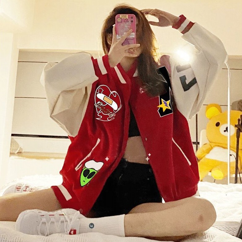 Áo khoác bóng chày dáng rộng phong cách retro cho nam và nữ